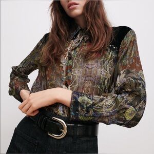 ZARA Velvet Maroon Paisley Printed Blouse with Studded Accents - Size (S) - NWT